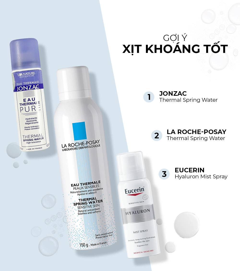Gợi ý các loại xịt khoáng tốt bao gồm Jonzac Thermal Spring Water, La Roche-Posay Thermal Spring Water, và Eucerin Hyalon Mist Spray. Bài viết khám phá tác dụng của xịt khoáng trong chăm sóc da và những lợi ích mà chúng mang lại.