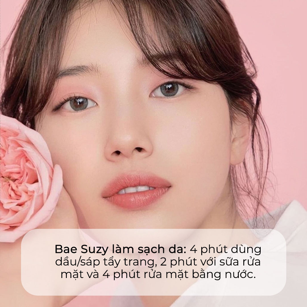 Bae Suzy chia sẻ bí quyết skincare: 4 phút dùng dầu/sáp tẩy trang, 2 phút với sữa rửa mặt và 4 phút rửa mặt bằng nước. Khám phá mẹo chăm sóc da mặt từ sao Hàn để có làn da đẹp như làn da của Bae Suzy.