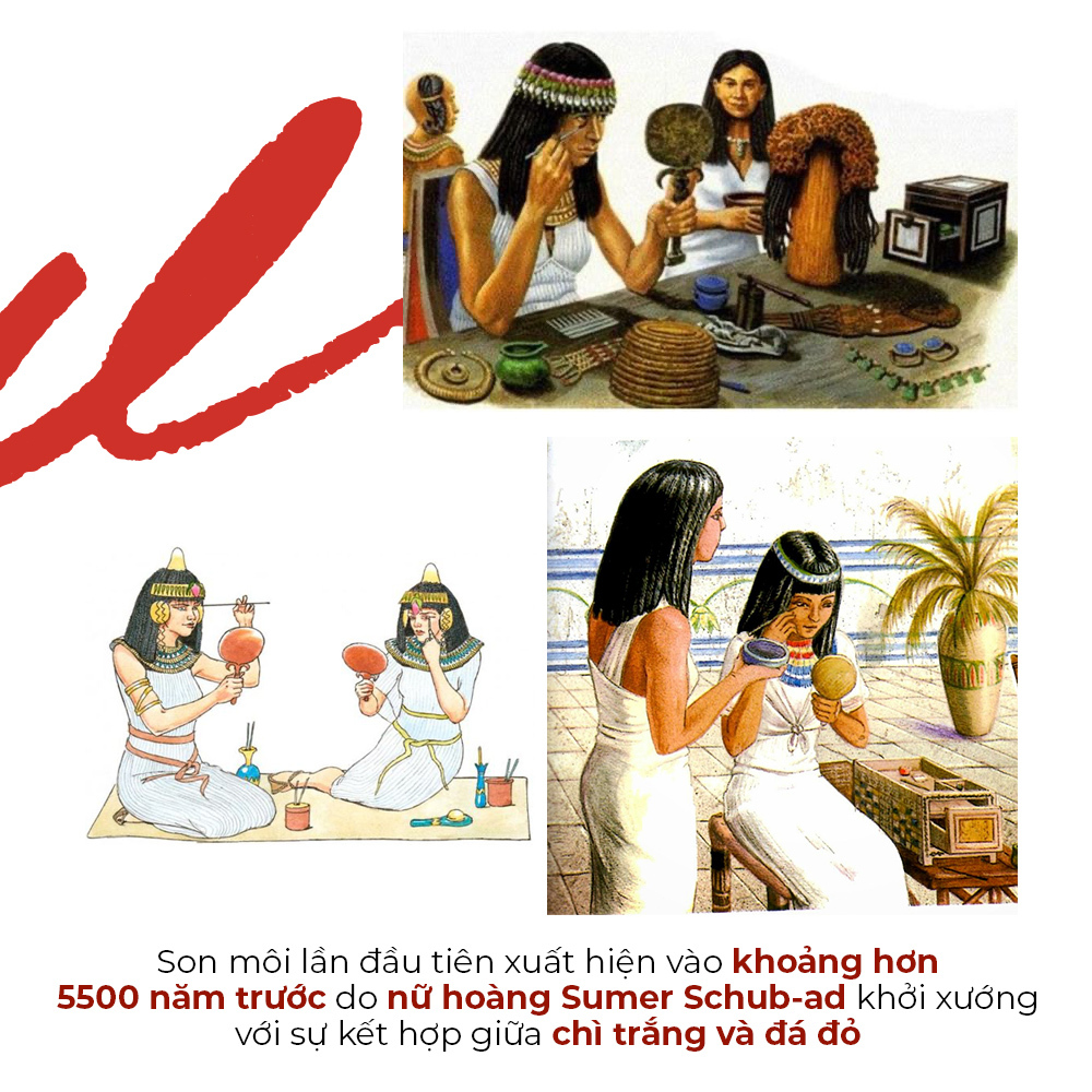 Lịch sử son môi từ 5500 năm trước với các hình ảnh về phụ nữ cổ đại sử dụng son môi, nhấn mạnh cuộc hành trình phát triển của son môi qua các thời kỳ. Khám phá nguyên liệu và công nghệ làm đẹp từ thời kỳ xưa, giúp tìm hiểu về "bảo bối thần kỳ" này.