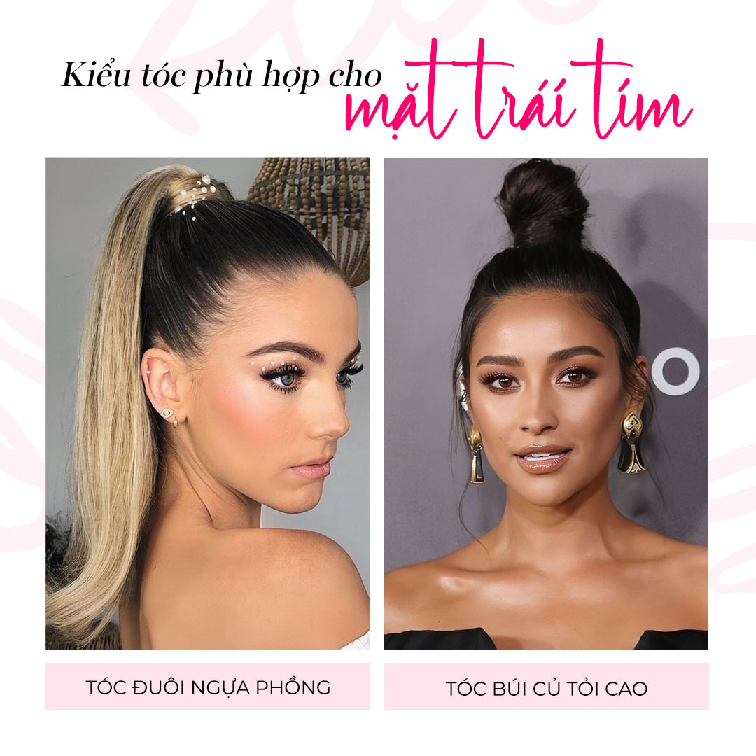 Kiểu tóc phù hợp cho mặt trái tim với hai lựa chọn: tóc đuôi ngựa phồng và tóc búi củ tỏi cao. Tìm hiểu cách chọn kiểu tóc hợp với gương mặt và mẹo hair care từ Lixibox để nâng tầm diện mạo và khắc phục khuyết điểm!