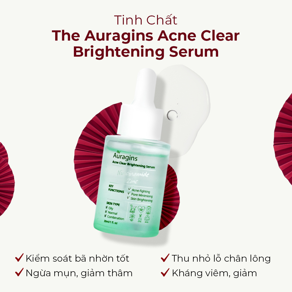 Tinh chất Auragins Acne Clear Brightening Serum giúp kiểm soát bã nhờn, ngừa mụn và làm sáng da. Sản phẩm phù hợp cho da dầu, da thường và da hỗn hợp, lý tưởng cho skincare routine chăm sóc da mùa Tết.