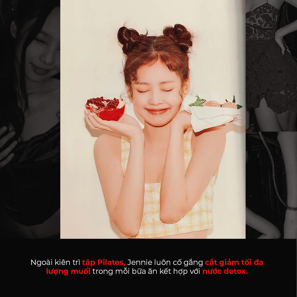 Bài viết về bí quyết giảm cân nhanh chóng từ các thành viên BLACKPINK, với hình ảnh Jennie đang vui vẻ tạo dáng cầm trái cây tươi và đồ ăn dinh dưỡng, chia sẻ mẹo giảm cân không cần ăn kiêng.