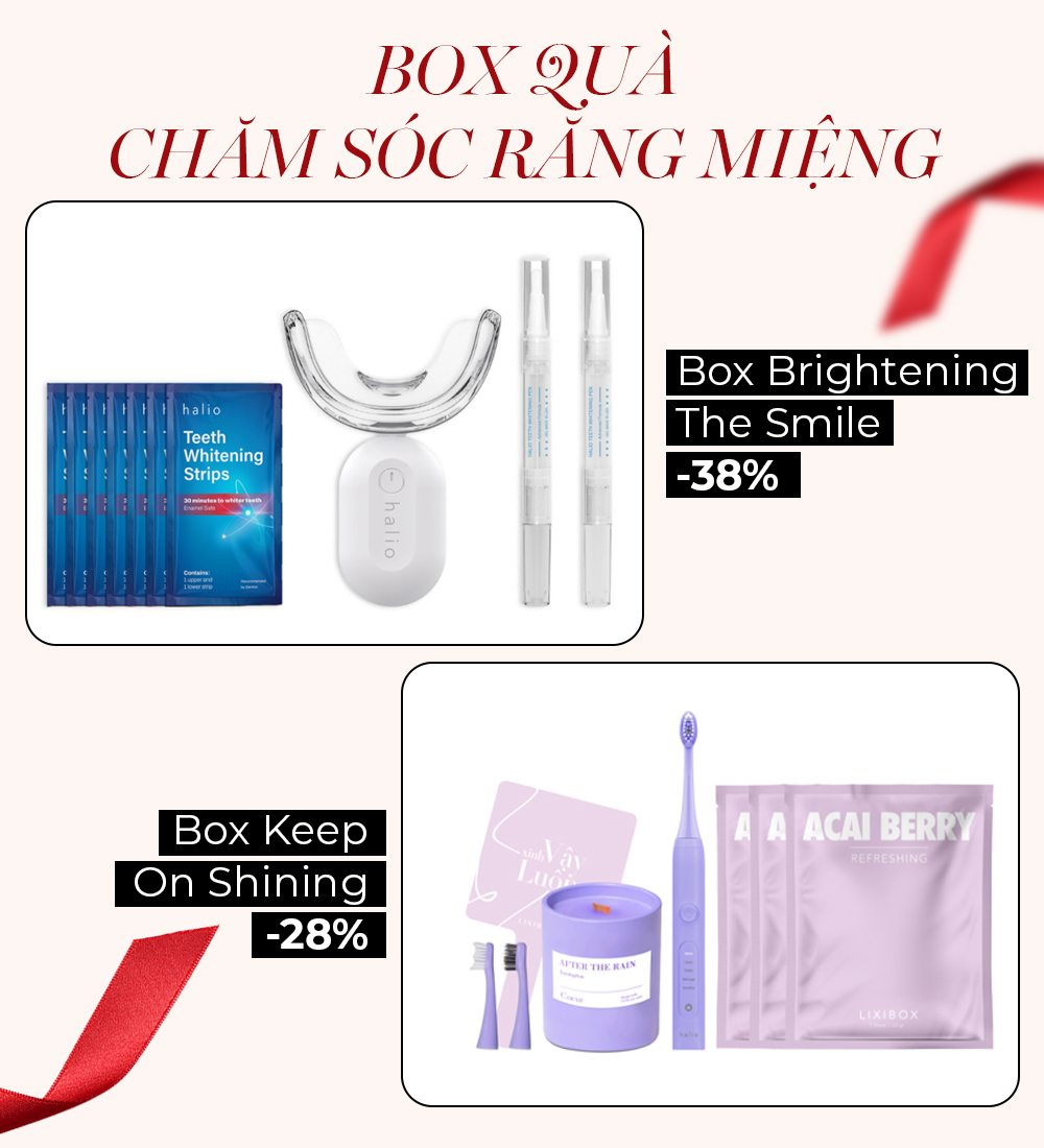 Bộ quà chăm sóc răng miệng từ Lixibox gồm bộ sản phẩm làm trắng răng giảm 38% và bộ sản phẩm giữ nụ cười tỏa sáng giảm 28%. Đây là gợi ý quà tặng ý nghĩa cho mùa Tết, giúp bạn chuẩn bị những hộp quà tết tuyệt vời cho người thân và bạn bè.