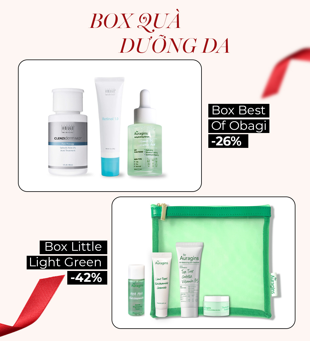 Bộ quà tặng dưỡng da từ Lixibox với những sản phẩm trị mụn và chăm sóc da, bao gồm Clenzaderm MD, Retinol 1.0 và Auragins. Lưu ý khi mua quà Tết là lựa chọn những sản phẩm ý nghĩa và thiết thực. Khám phá Lixibox Sale với mức giảm đến 42%.