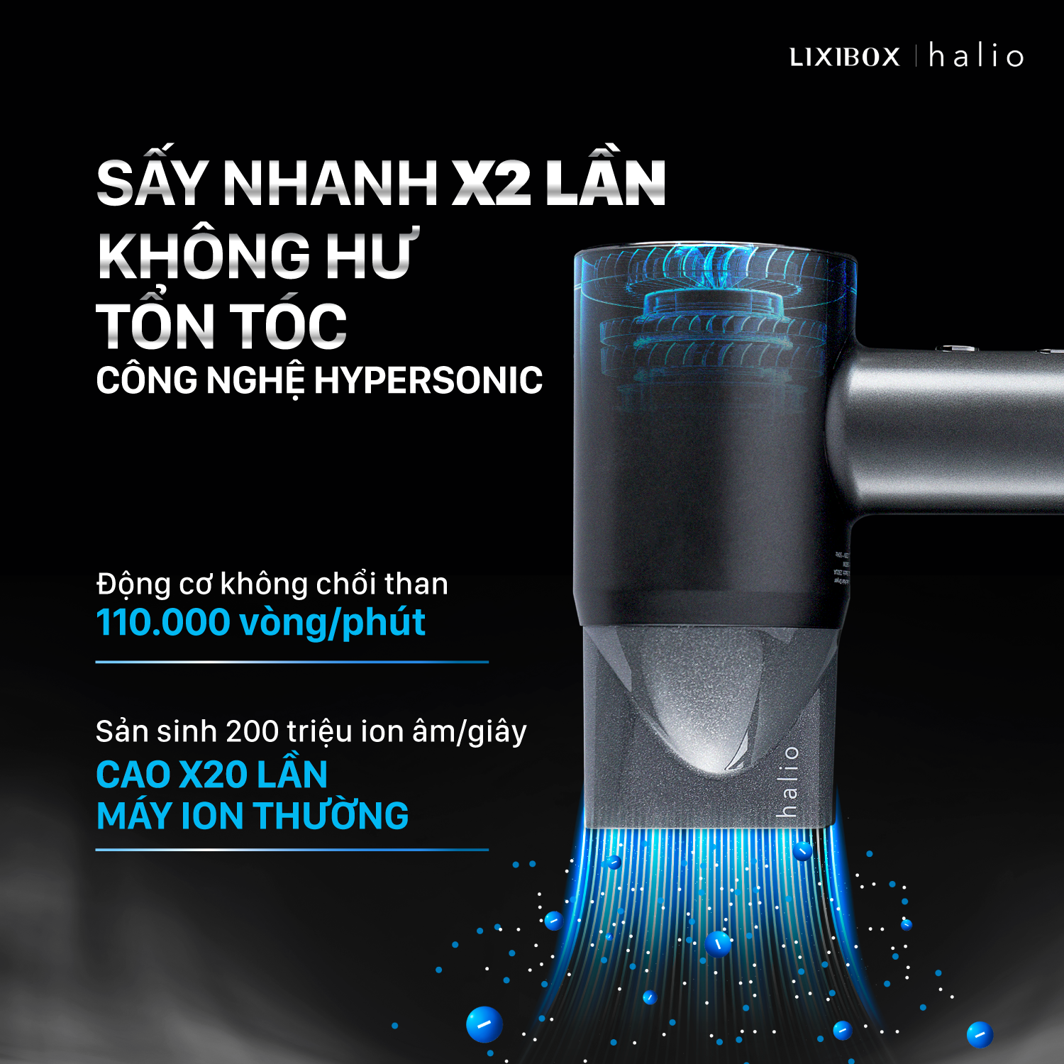 Máy sấy tóc Halio Hypersonic với công nghệ Hypersonic, sấy nhanh gấp 2 lần mà không hư tổn tóc. Động cơ không chổi than 110.000 vòng/phút, sản sinh 200 triệu ion âm mỗi giây, thích hợp cho cả gia đình. Khám phá máy sấy tóc Halio tại Lixibox.