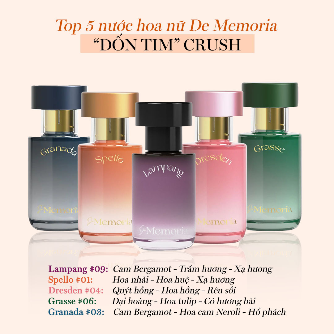 Top 5 nước hoa nữ De Memoria "ĐÓN TIM" CRUSH với các mùi hương độc đáo như Lampang, Spello, Dresden, Grasse, và Granada, phù hợp làm quà tặng Valentine. Hướng dẫn sử dụng nước hoa đúng cách để giữ mùi lâu suốt cả ngày.