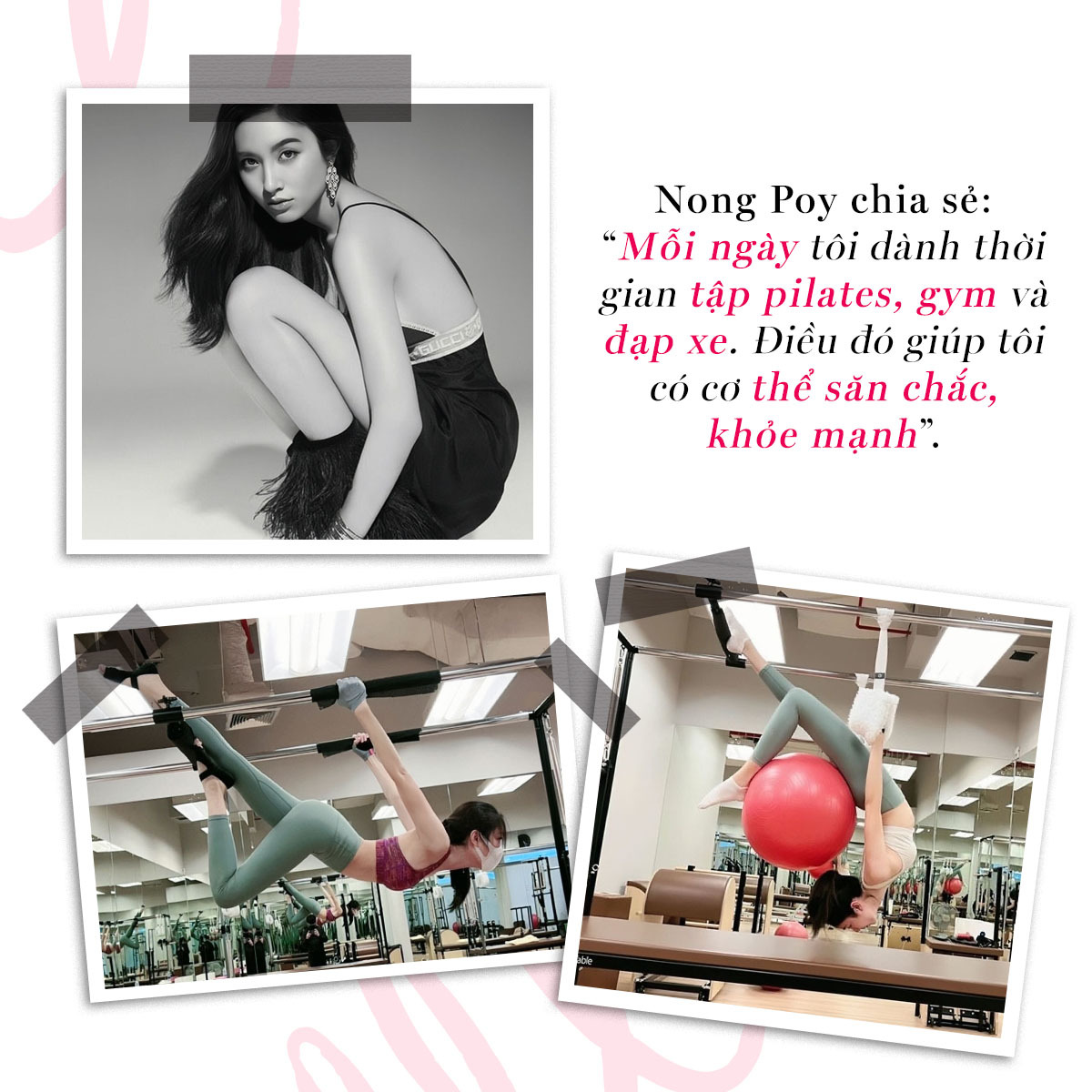 Nong Poy chia sẻ bí quyết làm đẹp: "Mỗi ngày tôi dành thời gian tập pilates, gym và đạp xe. Điều đó giúp tôi có cơ thể săn chắc, khỏe mạnh". Cùng khám phá bí quyết làm đẹp của hoa hậu chuyển giới Nong Poy.
