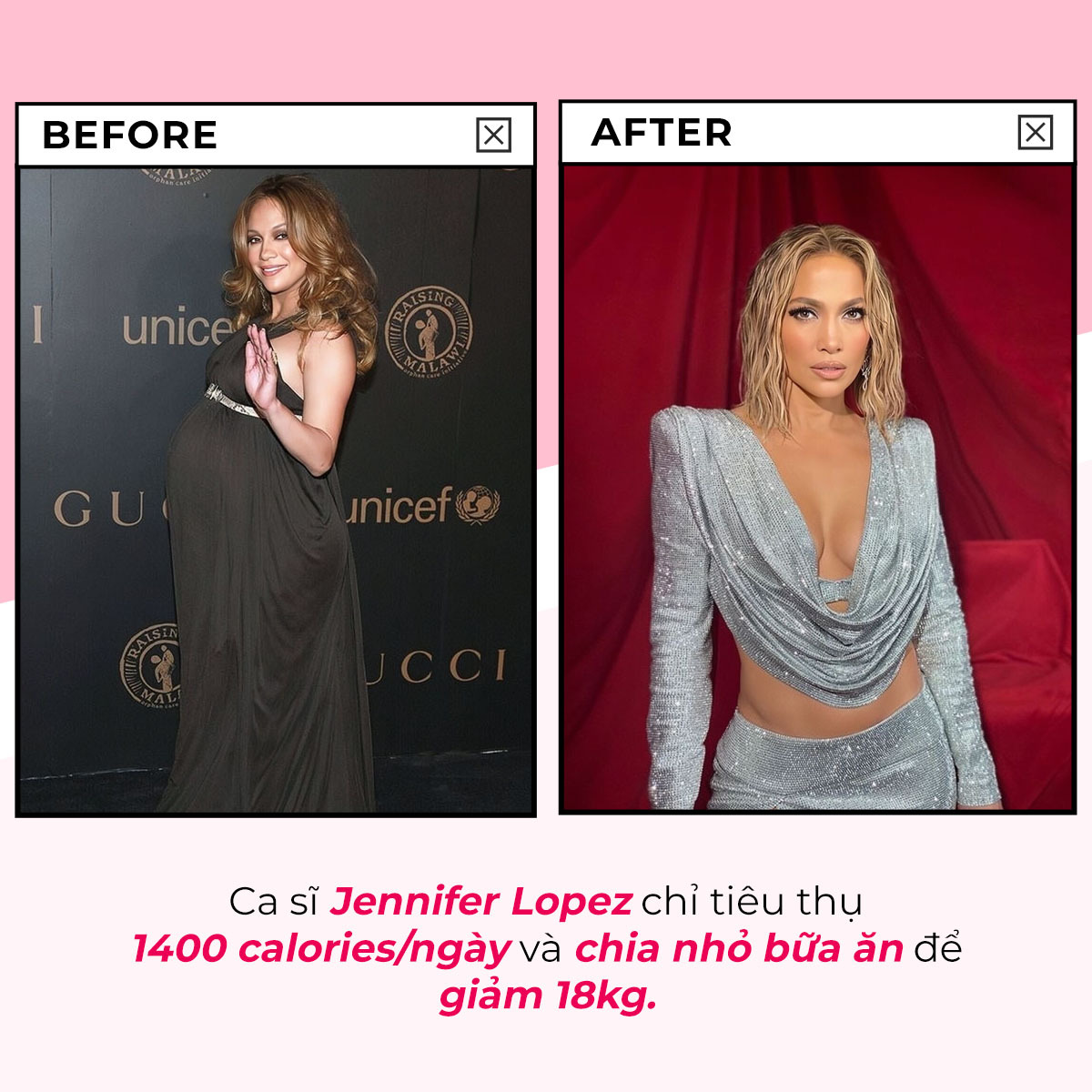 Bí kíp giảm cân sau sinh an toàn của sao Hollywood: Jennifer Lopez giảm 18kg bằng cách chỉ tiêu thụ 1400 calories/ngày và chia nhỏ bữa ăn. Khám phá bí quyết giảm cân sau sinh hiệu quả cho mẹ và bé tại Lixibox.