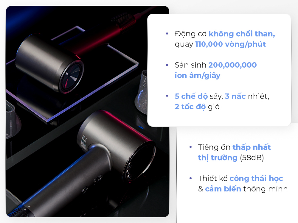 Máy sấy tóc Halio Hypersonic với công nghệ Hypersonic, động cơ không chổi than quay 110,000 vòng/phút, sản sinh 200 triệu ion âm/giây, 5 chế độ sấy, 3 nấc nhiệt, 2 tốc độ gió, tiếng ồn thấp 58dB và thiết kế thông minh, mang lại lợi ích nổi bật cho giới làm đẹp.