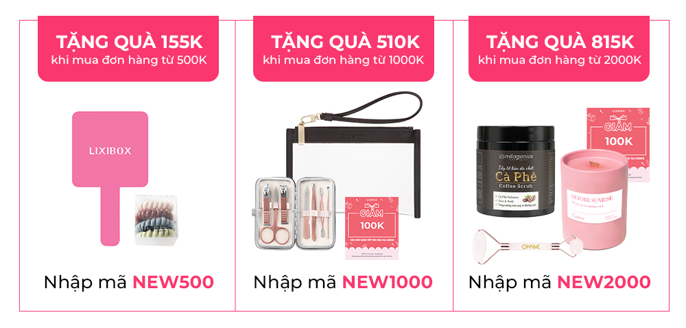 Chương trình khuyến mãi Lixibox tháng 3 với quà tặng hấp dẫn: 155K khi mua hàng từ 500K, 510K khi mua từ 1000K, 815K khi mua từ 2000K. Các tín đồ mua sắm hãy nhanh tay săn sale và nhập mã giảm giá để nhận ngay quà tặng GWP và Lixicoin!