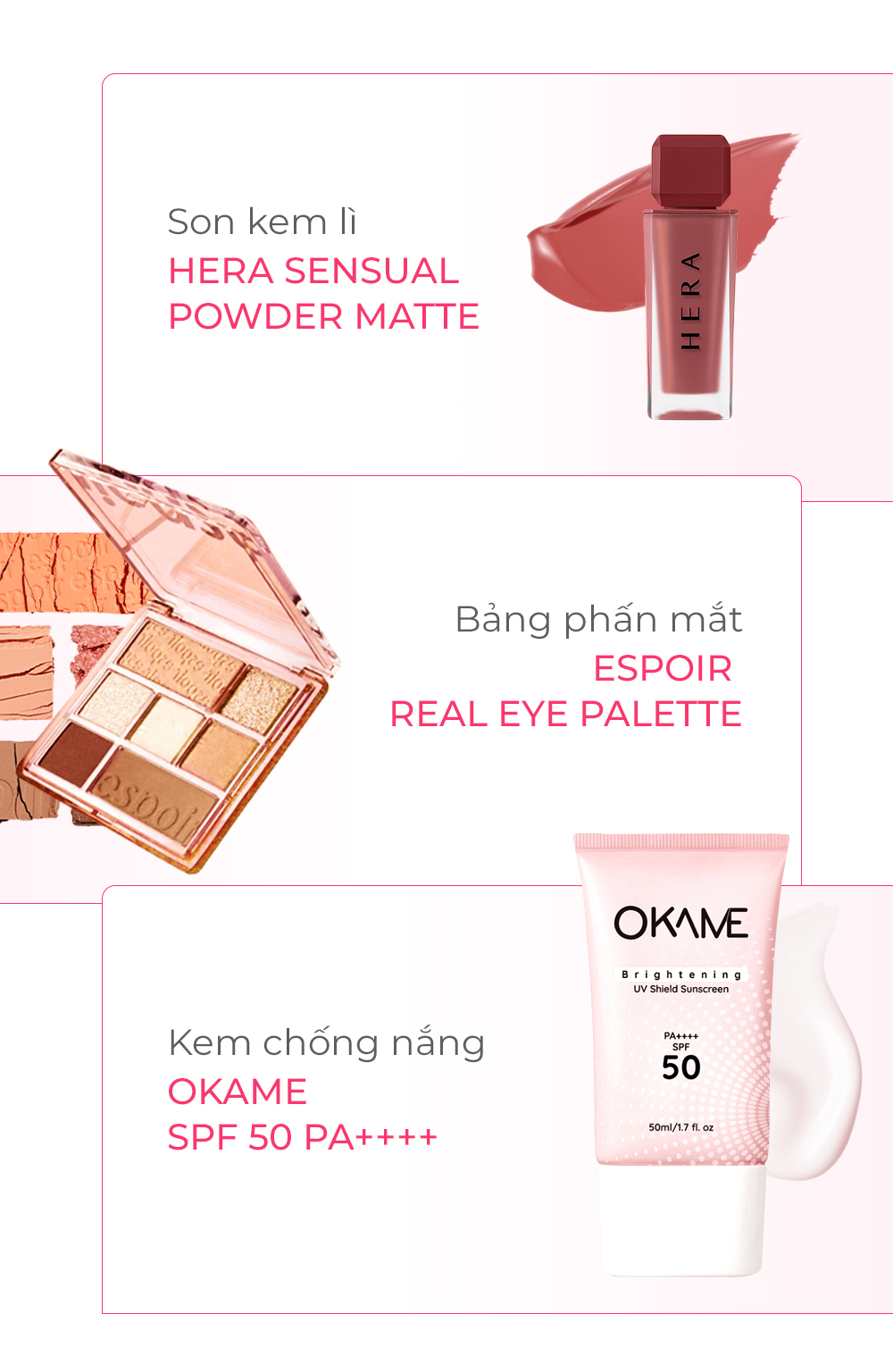 Bài viết giới thiệu các sản phẩm khuyến mãi trong chương trình sale tháng 3 của Lixibox, gồm son kem HERA SENSUAL POWDER MATTE, bảng phấn mắt ESPOIR REAL EYE PALETTE và kem chống nắng OKAME SPF 50 PA++++, nhân dịp săn sale và nhận quà GWP với giá ưu đãi.