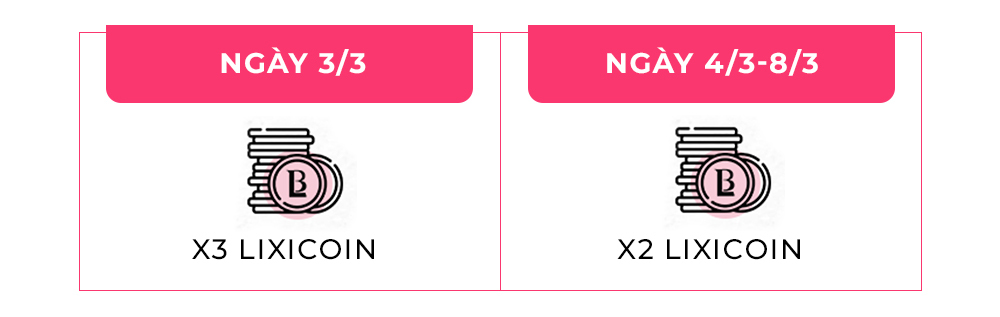 Bão sale Lixibox tháng 3 với chương trình khuyến mãi hấp dẫn. Ngày 3/3 nhận 3 Lixicoin và từ 4/3 đến 8/3 nhận 2 Lixicoin. Săn deal giảm giá khủng, nhận quà GWP lên đến 2,4 triệu đồng. Tham gia ngay để không bỏ lỡ!