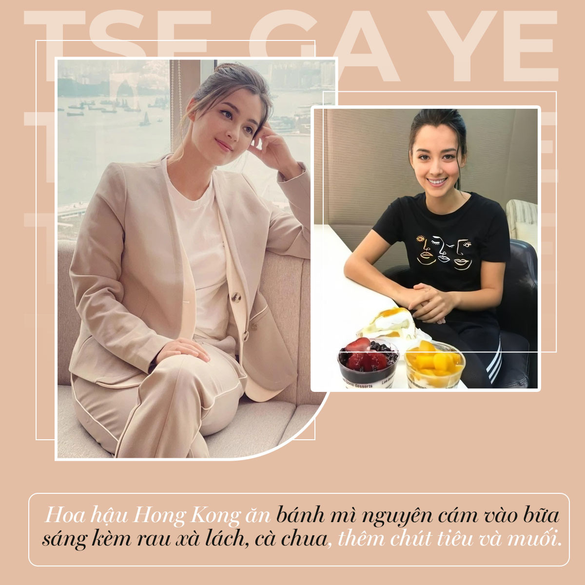 Hoa hậu Hong Kong chia sẻ bí quyết giảm cân với thực đơn ăn kiêng hiệu quả, bao gồm bánh mì nguyên cám, rau xà lách, cà chua và trái cây, mang đến vóc dáng khỏe mạnh với 0% mỡ thừa.