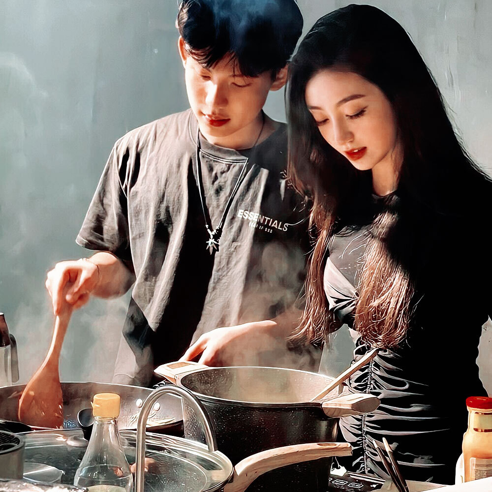 Cặp đôi đang nấu ăn trong bếp, thể hiện sự gần gũi và tình cảm, phù hợp cho dịp Valentine Đỏ và Valentine Trắng. Bài viết trên Lixibox gợi ý cách đáp lễ tinh tế cho ngày 14/03, cùng những món quà tặng hợp lý trong lễ hội tình yêu này.