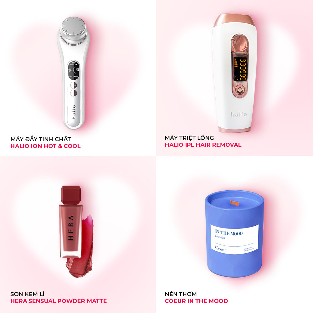 Bộ sưu tập quà tặng cho Valentine Trắng gồm máy đẩy tinh chất Halio, máy triệt lông Halio, son kem lì Hera và nến thơm Coeur in the mood. Các sản phẩm tinh tế giúp bạn chọn quà tặng Valentine phù hợp cho ngày đặc biệt.