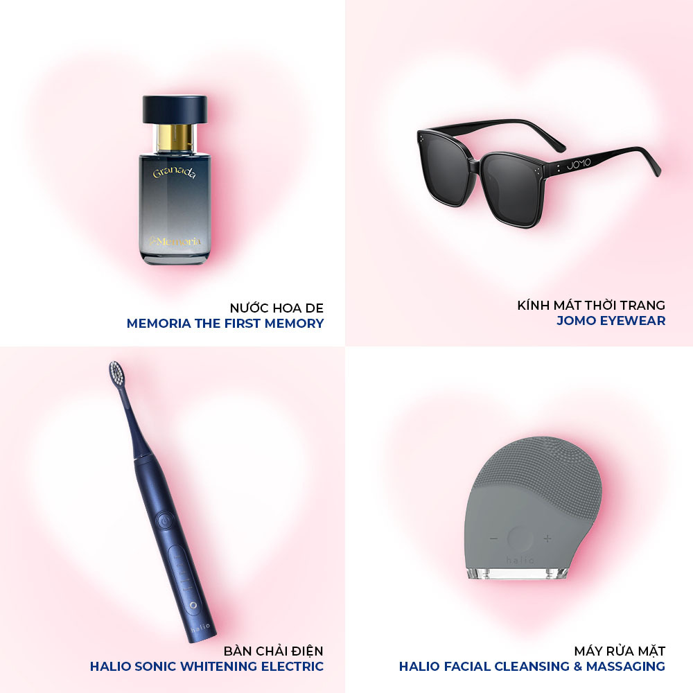 Gợi ý quà tặng Valentine Trắng từ Lixibox gồm nước hoa Memoria The First Memory, kính mát thời trang Jomo Eyewear, bàn chải điện Halio Sonic Whitening và máy rửa mặt Halio Facial Cleansing & Massaging. Tinh tế và kinh tế cho ngày Valentine Trắng.