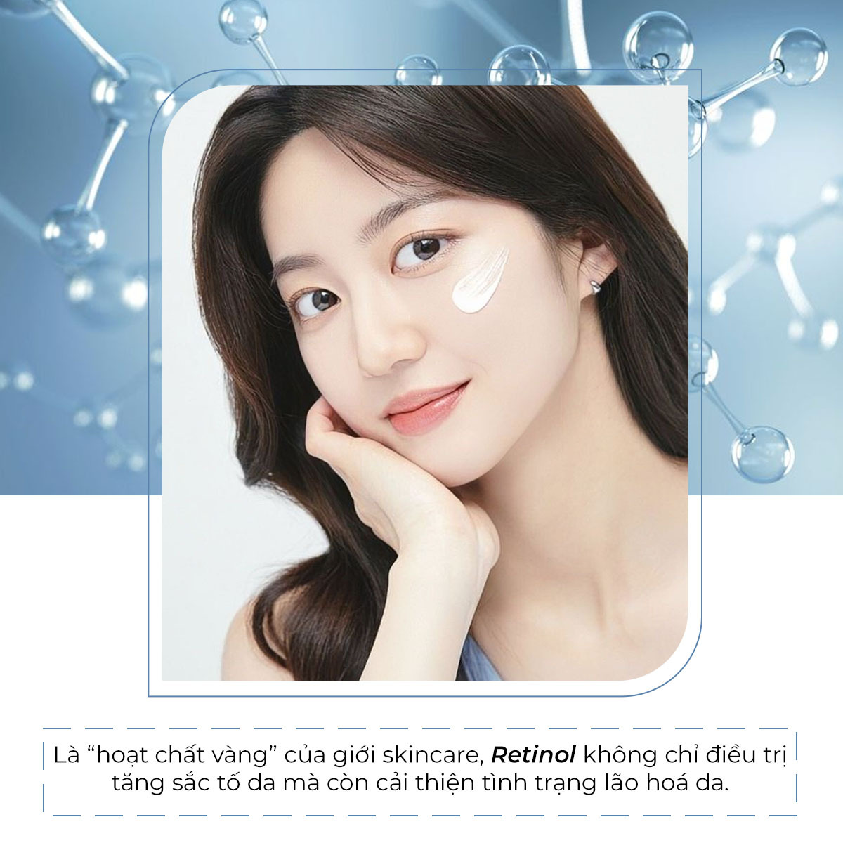 Cô gái với làn da sáng mịn, đang áp dụng sản phẩm chứa Retinol lên mặt, biểu tượng cho sự hiệu quả trong dưỡng trắng da. Bài viết khám phá 7 thành phần mỹ phẩm dưỡng trắng như vitamin C, Niacinamide, và Kojic Acid, mang lại làn da tươi trẻ cho phụ nữ.