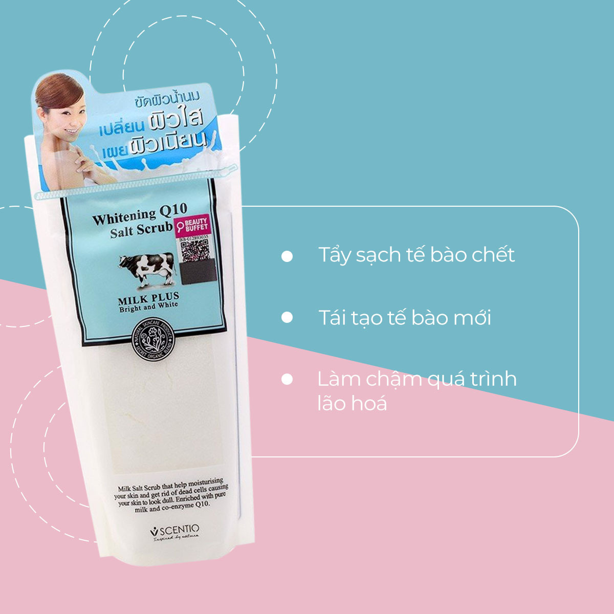 Sản phẩm tẩy tế bào chết Whitening Q10 Salt Scrub Milk Plus với công dụng giúp làm sạch tế bào chết, tái tạo tế bào mới và làm chậm quá trình lão hóa, phù hợp cho các tín đồ bodycare đang tìm kiếm mỹ phẩm giá rẻ tại Lixibox.