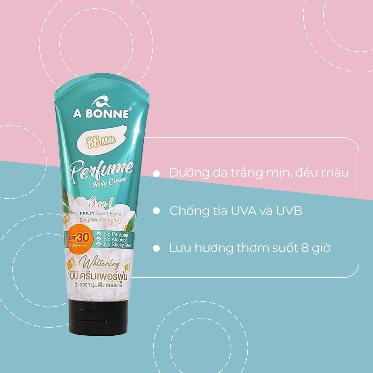 Sản phẩm BB Cream cơ thể A Bonne giúp dưỡng da trắng mịn, đều màu, có chỉ số SPF 30, chống tia UVA và UVB. Cung cấp hương thơm suốt 8 giờ, không chứa paraben và cồn, lý tưởng cho mùa hè. Khám phá thêm các mỹ phẩm bodycare giá rẻ tại Lixibox!