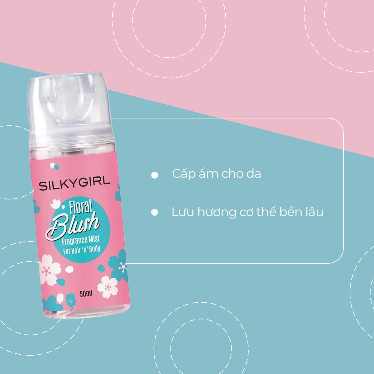Sản phẩm SilkyGirl Floral Blush, xịt thơm cho tóc và cơ thể, 50ml, với công dụng cấp ẩm cho da và lưu hương lâu, giúp bạn cảm thấy tươi mới, phù hợp cho routine bodycare, giá rẻ tại Lixibox.