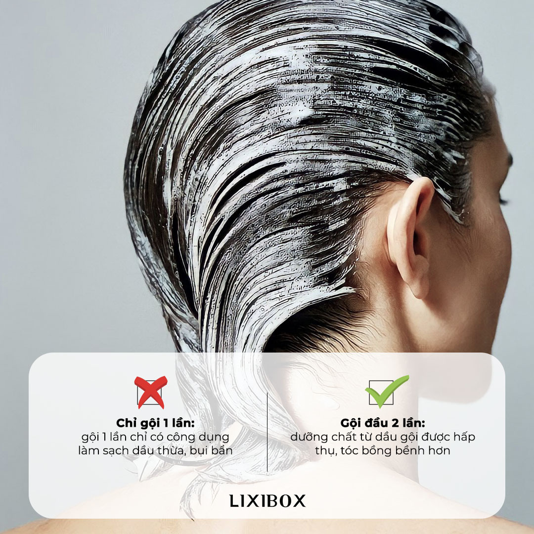 Gội đầu đúng cách với Lixibox Haircare: Chỉ gội 1 lần không đủ làm sạch, gội 2 lần giúp tóc bóng khỏe hơn. Hãy tránh sai lầm gội đầu để cải thiện tình trạng tóc khô xơ, gãy rụng.