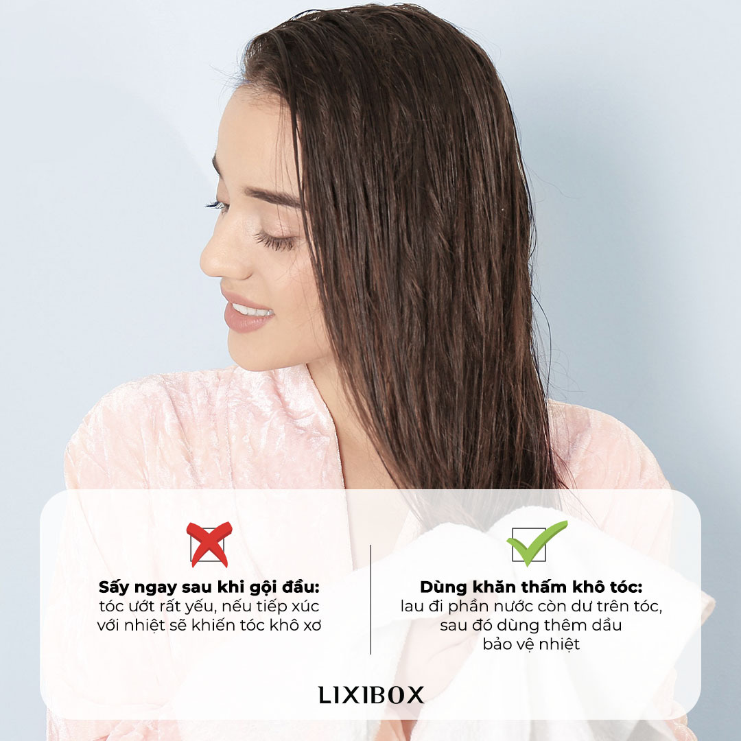 Tóc ướt yếu cần chăm sóc đúng cách sau khi gội đầu. Tránh sấy ngay lập tức để không làm tóc khô xơ. Sử dụng khăn thấm nước và bảo vệ tóc bằng dầu giúp duy trì độ bóng mượt. Lixibox Haircare chia sẻ mẹo gội đầu đúng cách và phòng ngừa rụng tóc.