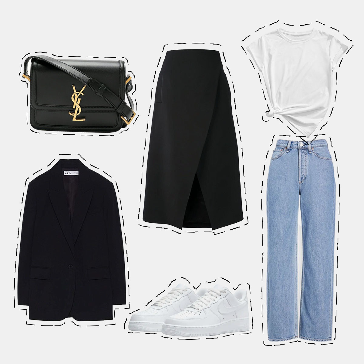 Tủ đồ con nhộng với các trang phục thời thượng: túi xách YSL, chân váy đen, áo thun trắng, blazer đen, quần jeans và giày sneaker trắng. Những mẹo tiết kiệm thời gian phối đồ giúp bạn không còn phải lo lắng mỗi sáng.