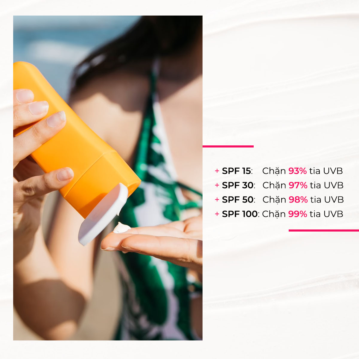Hình ảnh kem chống nắng với các chỉ số SPF khác nhau: SPF 15 (93% tia UVB), SPF 30 (97% tia UVB), SPF 50 (98% tia UVB), SPF 100 (99% tia UVB). Bài viết bàn về sai lầm khi chọn kem chống nắng SPF cao hơn 50 trong mùa hè 2023 cùng ý kiến của chuyên gia từ Lixibox.