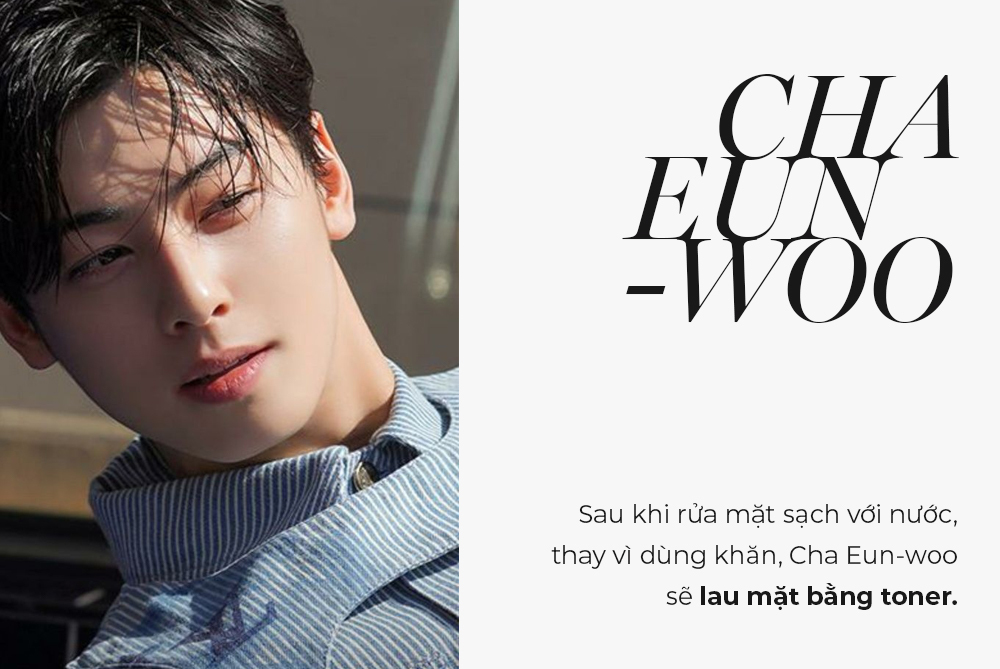 Cha Eun-woo chia sẻ bí kíp dưỡng da đơn giản sau khi rửa mặt sạch với nước, thay vì dùng khăn, anh sẽ lau mặt bằng toner. Khám phá thêm về skincare cho nam giới cùng Lixibox để có làn da hoàn hảo như Jungkook và Park Seo Joon.