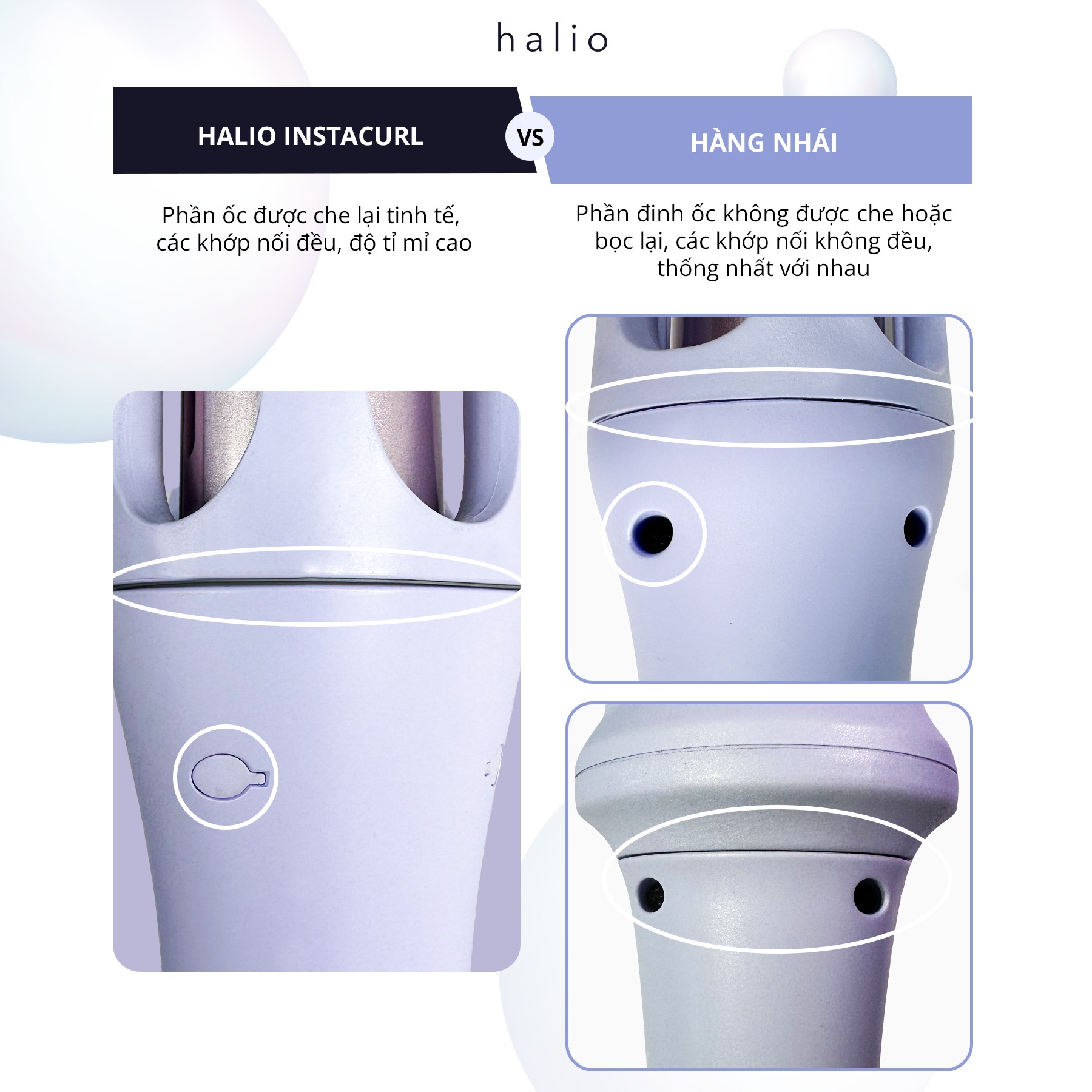 Cảnh giác với hàng nhái: So sánh chi tiết giữa máy uốn tóc Halio InstaCurl Premium và sản phẩm giả, giúp phân biệt máy uốn tóc Halio chính hãng và hàng kém chất lượng, bảo vệ quyền lợi người tiêu dùng.