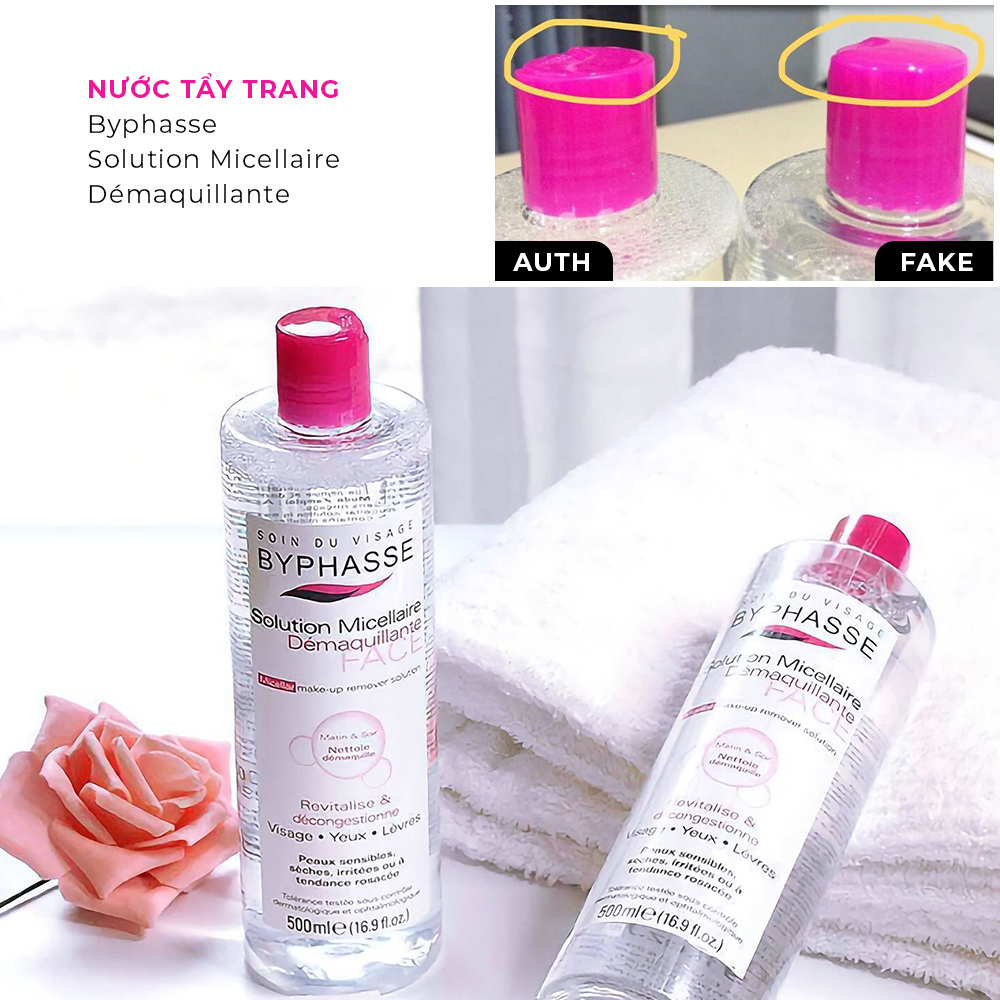 Nước tẩy trang Byphase với hai mẫu mã: một hàng chính hãng AUTH và một hàng giả FAKE. Hướng dẫn cách phân biệt mỹ phẩm chính hãng và mỹ phẩm giả dễ dàng trong bài viết về các sản phẩm bị làm giả nhiều nhất. GWP Lixibox.