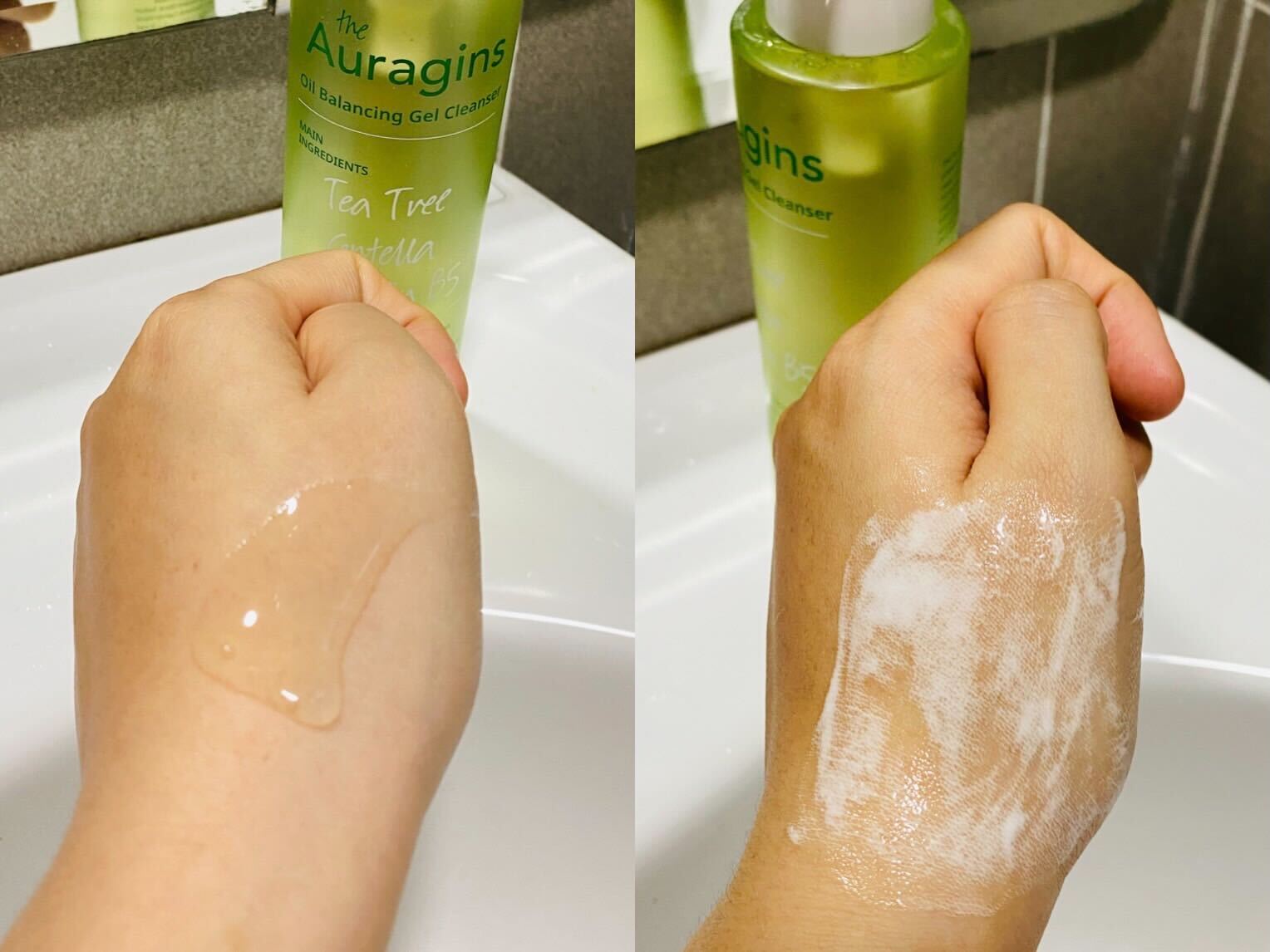 Sữa rửa mặt The Auragins dạng gel cho da dầu mụn, thể hiện trên tay khi sử dụng. Hình ảnh mô tả dấu hiệu làm sạch, bọt được tạo ra từ gel sữa rửa mặt, lý tưởng cho làn da nhờn, mang lại vẻ tươi sáng. Đây là một trong những sản phẩm được review trong bài viết Lixibox Review.
