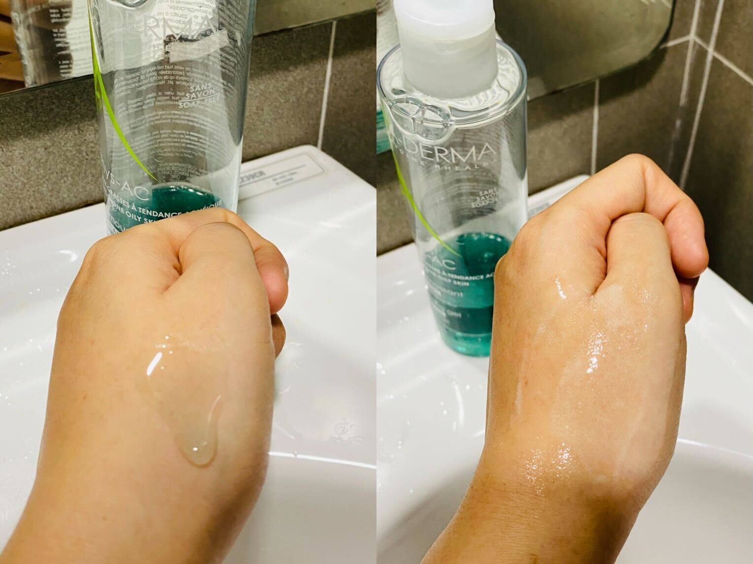 Bàn tay cầm sản phẩm sữa rửa mặt A Derma bên cạnh bồn rửa mặt, thể hiện sự sạch sẽ và phù hợp cho da dầu mụn. Bài viết review sữa rửa mặt cho da dầu, cụ thể là 2 chai sữa rửa mặt mà nàng công sở khuyên dùng.