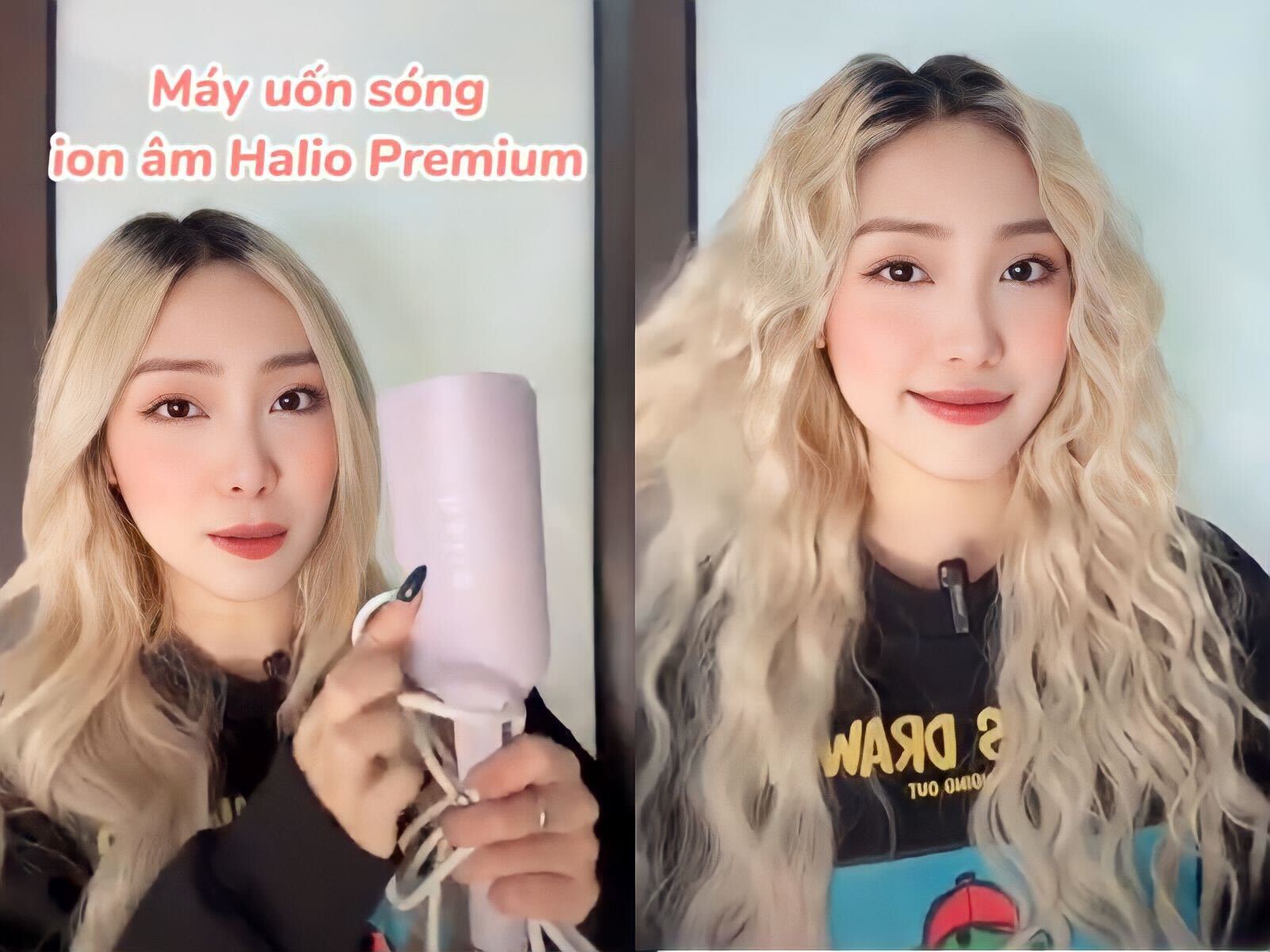 Quỳnh Thi giới thiệu máy uốn sóng ion âm Halio Premium, hướng dẫn cách uốn tóc xoăn phồng mượt tại nhà. Khám phá cách làm đẹp đơn giản và hiệu quả với sản phẩm Lixibox Halio. Ảnh phù hợp cho các mẹo làm tóc tại nhà.