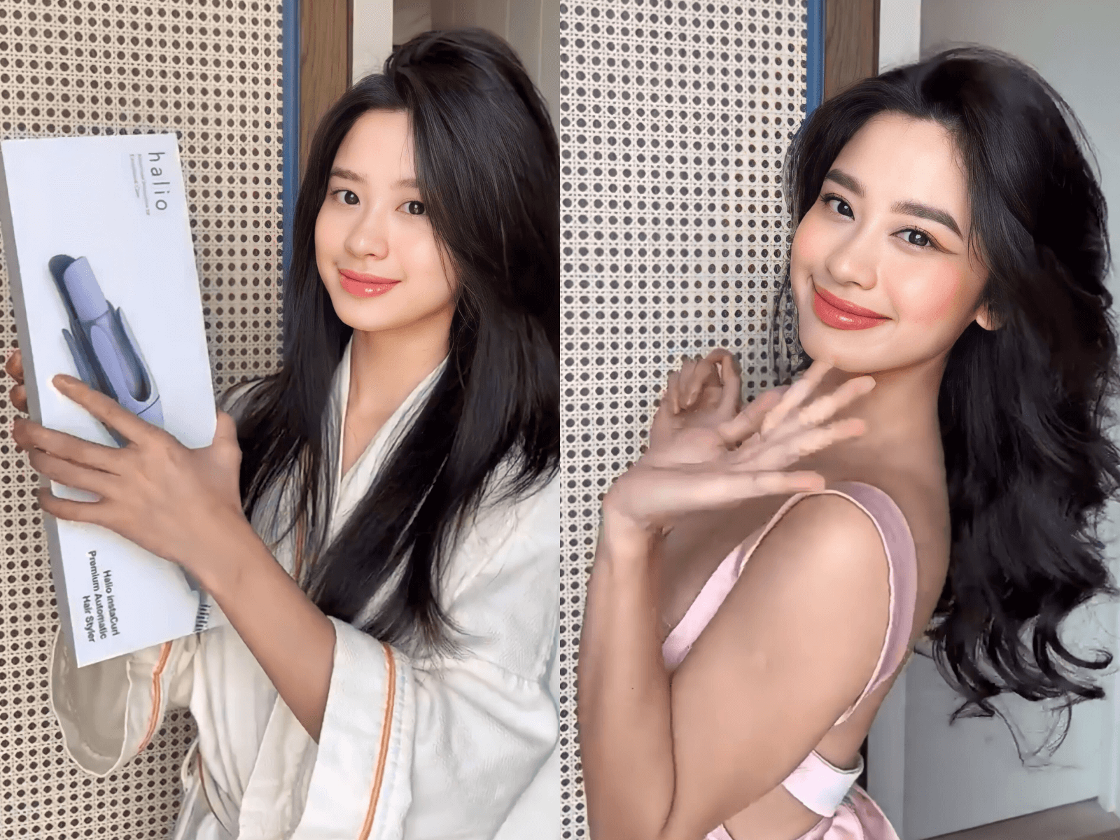 Quỳnh Thi, Hàn Hằng, Hoa Mỹ hướng dẫn cách uốn tóc xoăn phồng mượt tại nhà với máy uốn tóc Halio Premium. Hình ảnh thể hiện sự tự tin và phong cách thanh lịch của các cô nàng đang cầm máy uốn tóc Halio InstaGlam Premium, góp phần tạo ra mái tóc đẹp mắt.
