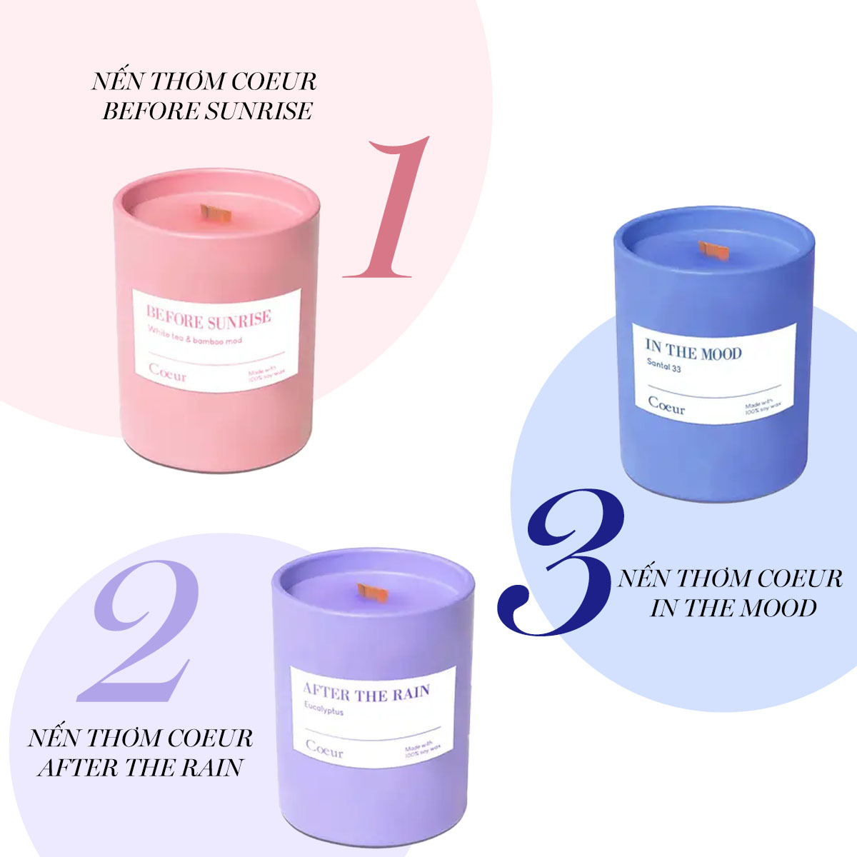 Gợi ý quà tặng cho Ngày Của Mẹ từ Lixibox với bộ nến thơm Coeur bao gồm: 1) Nến thơm Before Sunrise, 2) Nến thơm After the Rain, 3) Nến thơm In the Mood. Những món quà tặng mẹ tinh tế và ý nghĩa, đảm bảo mẹ sẽ vui nhân ngày của mẹ 2023.
