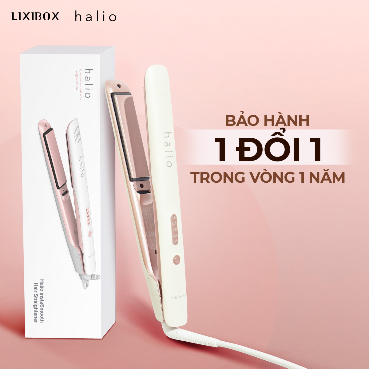 Máy duỗi uốn Halio instaSmooth Hair Straightener từ Lixibox với thiết kế hiện đại, tích hợp công nghệ Nano Ion. Sản phẩm độc quyền không bán, bảo hành 1 đổi 1 trong 1 năm, lý tưởng cho những tín đồ chăm sóc tóc.