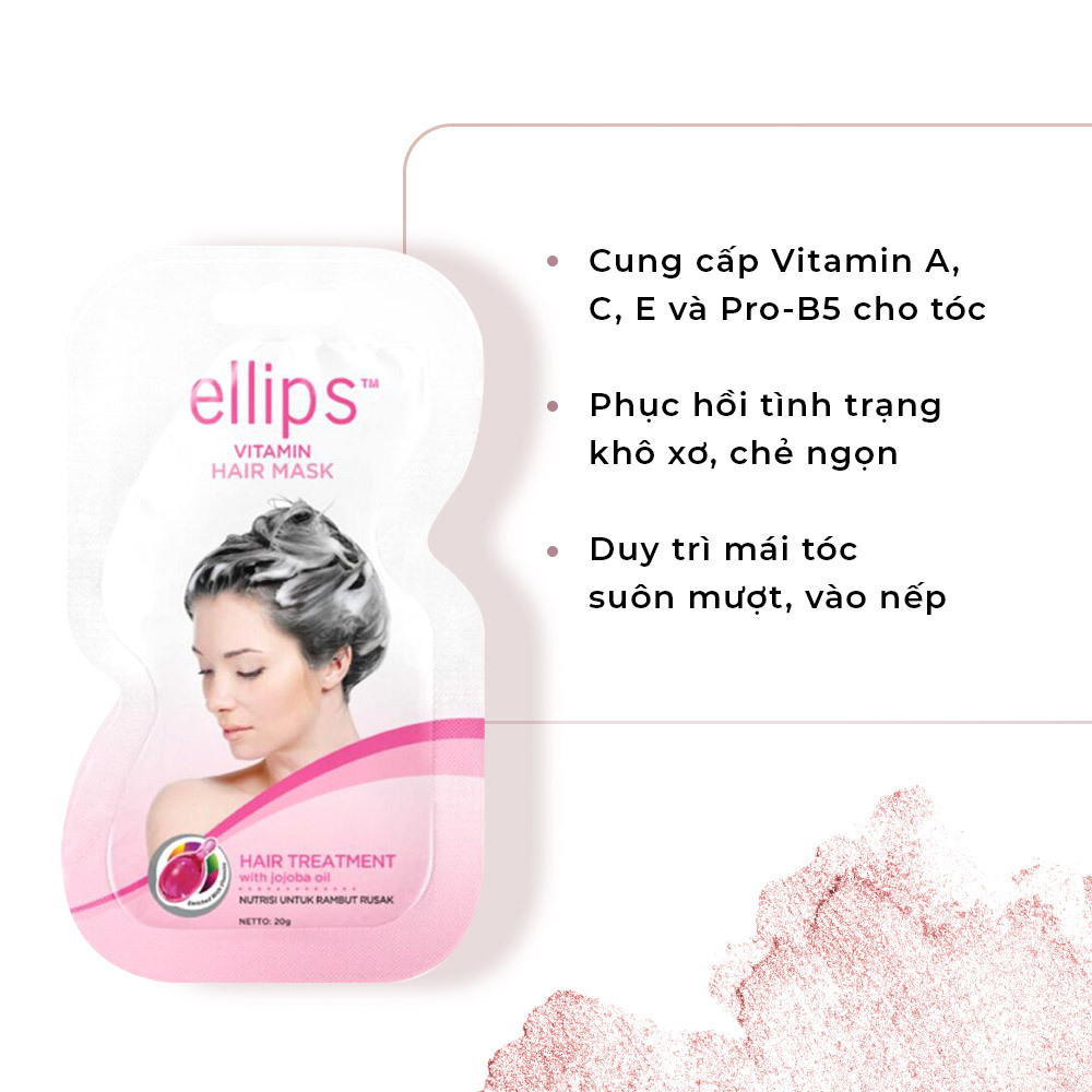 Mask tóc Vitamin Ellips cung cấp Vitamin A, C, E và Pro-B5 cho tóc, giúp phục hồi tình trạng khô xơ, chẻ ngọn và duy trì mái tóc suôn mượt, vào nếp. Khám phá mỹ phẩm chăm sóc tóc giá rẻ dưới 100K tại Lixibox!