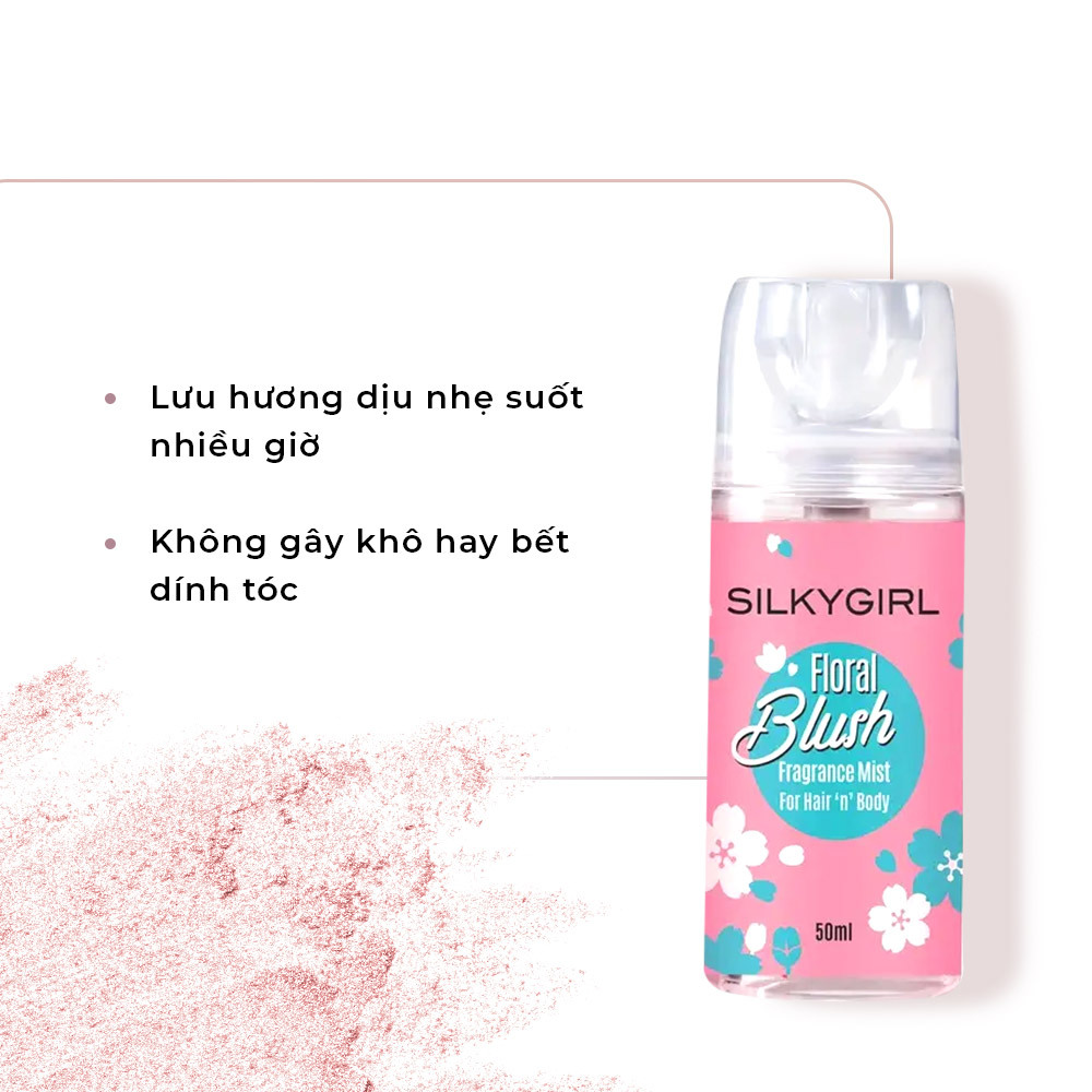 Chai xịt dưỡng tóc Floral Blush từ SILKYGIRL cung cấp hương thơm dịu nhẹ nhiều giờ, không gây khô hay bết dính tóc. Khám phá các sản phẩm chăm sóc tóc giá rẻ dưới 100K tại Lixibox.