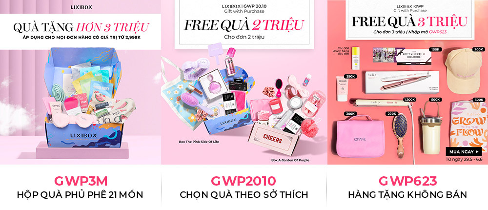 Bài viết về cơ hội săn quà GWP trị giá hơn 3 triệu đồng từ Lixibox, kèm lý do nên tham gia. Nội dung bao gồm hình ảnh các sản phẩm quà tặng và thông tin chi tiết về các mã quà GWP như GWP623, GWP2010 và GWP3M.