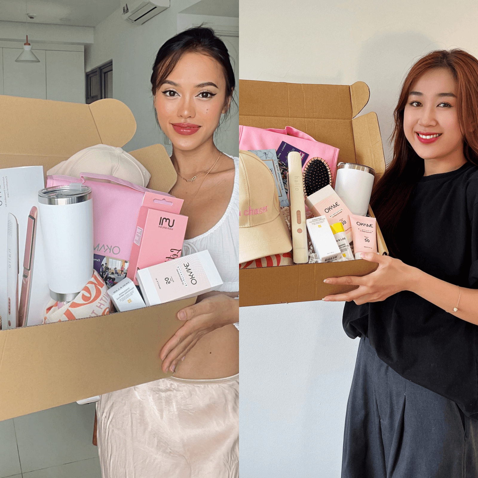 Hai phụ nữ trẻ cầm hộp quà tặng với nhiều sản phẩm bên trong, thể hiện xu hướng mua sắm thông minh GWP Lixibox trong bối cảnh lạm phát. Bài viết mô tả GWP Vietnam và lợi ích của việc mua sắm thông minh.