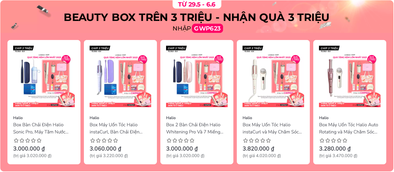 Khuyến mãi Lixibox GWP623 từ 29/05 đến 06/06/2023 with quà tặng 3,1 triệu đồng cho đơn hàng từ 3 triệu đồng. Xem 101 gợi ý shopping giúp chốt đơn tiết kiệm với GWP Lixibox.