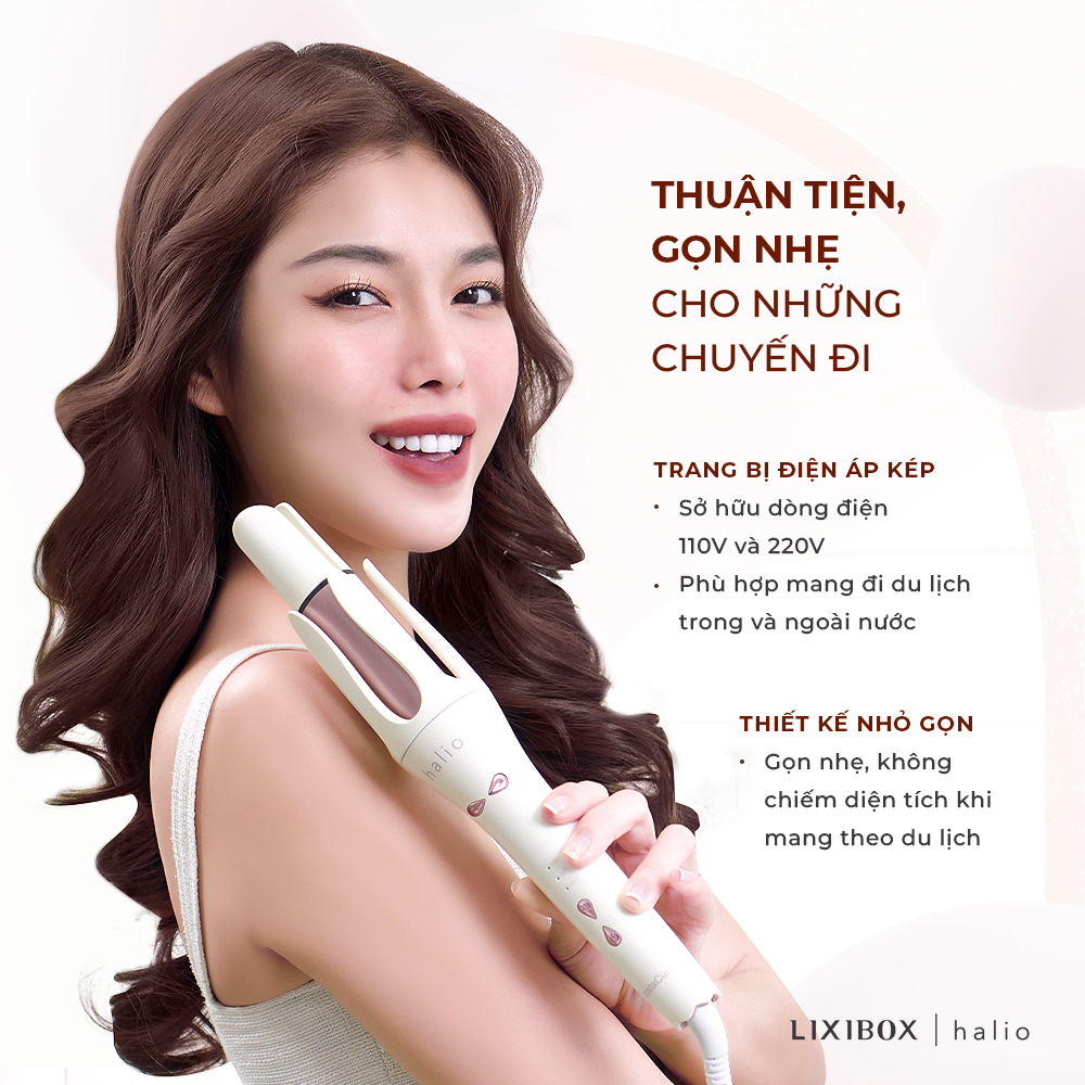 Máy uốn tóc Halio InstaCurl Premium phiên bản màu Pearl White, thiết kế nhỏ gọn, tiện lợi cho chuyến đi. Sử dụng điện áp 110V và 220V, phù hợp cho du lịch trong và ngoài nước. Thể hiện sự thanh lịch và nữ tính của sản phẩm Lixibox Halio.