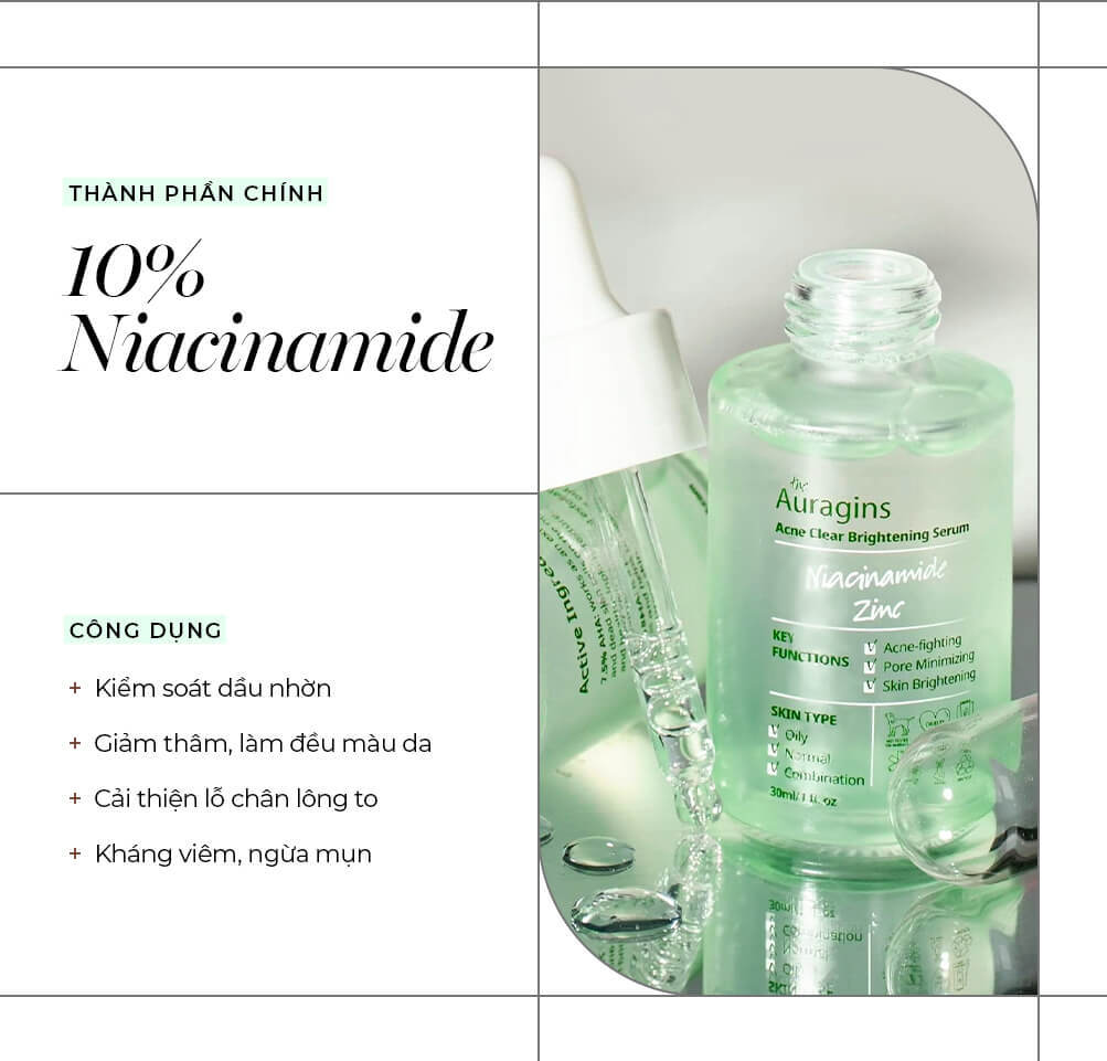 Serum The Auragins với 10% Niacinamide có công dụng kiểm soát dầu nhờn, giảm thâm, làm đều màu da, cải thiện lỗ chân lông to và kháng viêm, ngừa mụn. Tham khảo thêm trong Top 6 serum dưỡng trắng da của Lixibox.