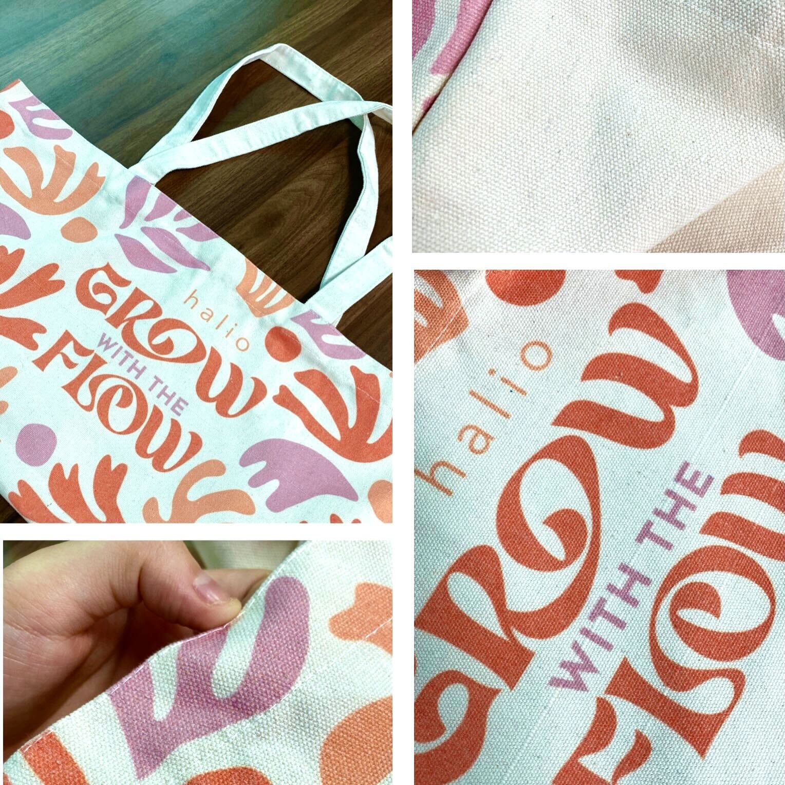 Túi vải với slogan "GROW WITH THE FLOW" từ Halio, được dùng để unbox hộp quà GWP Lixibox trong bài viết về trải nghiệm săn GWP của dân công sở. Nhấn mạnh khám phá quà tặng kèm GWP Lixibox và sự đáng giá của 3 triệu đồng cho những sản phẩm chất lượng.