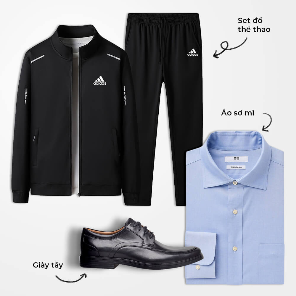 Gợi ý quà tặng cho Ngày Của Cha 2023 gồm set đồ thể thao Adidas, áo sơ mi màu xanh, và giày tây đen, thể hiện tình yêu và sự trân trọng dành cho cha.