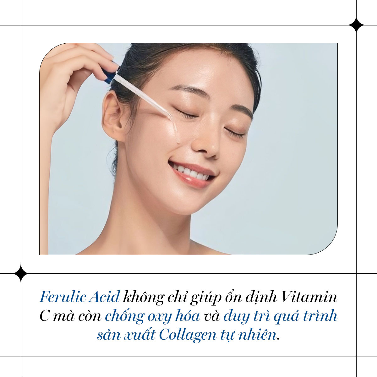 Ferulic Acid không chỉ giúp ổn định Vitamin C mà còn chống oxy hóa và duy trì quá trình sản xuất Collagen tự nhiên, góp phần quan trọng trong chống lão hóa da.