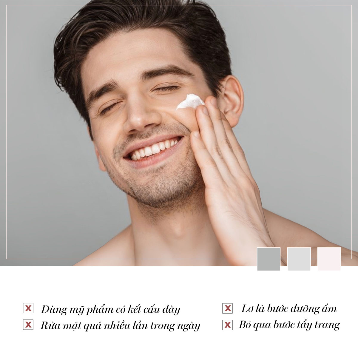 Bài viết về cách thu nhỏ lỗ chân lông và xử lý da dầu mụn. Hình ảnh một người đàn ông đang thoa kem dưỡng lên mặt, thể hiện các bước chăm sóc da đúng cách để tạm biệt lỗ chân lông to. Khắc phục lỗ chân lông to với Lixibox Skincare.