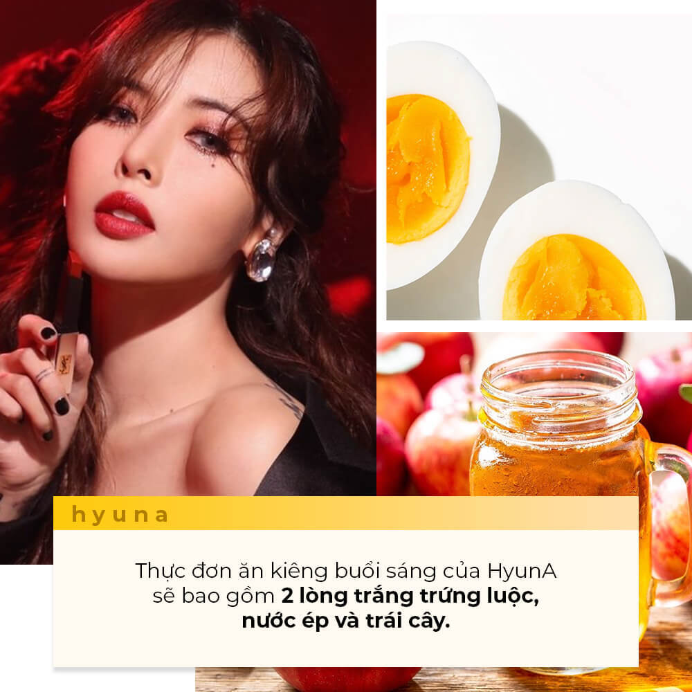 Khám phá thực đơn giảm cân buổi sáng của HyunA với 2 lòng trắng trứng luộc, nước ép và trái cây. Các idol Hàn giới thiệu cách ăn uống lành mạnh mà không lo tăng cân. Tham khảo thêm tại Lixibox Inspiration.
