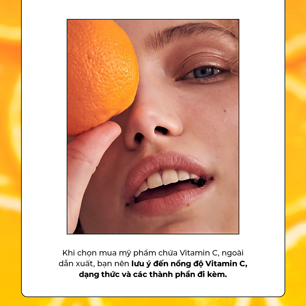 Bài viết về Vitamin C với nhiều thông tin bổ ích. Ảnh cô gái đang cầm cam, thể hiện sự liên quan giữa Vitamin C và làm đẹp da. Chia sẻ mẹo chọn các loại dẫn xuất Vitamin C tốt nhất cho làn da sáng mịn, Lixibox Skincare.